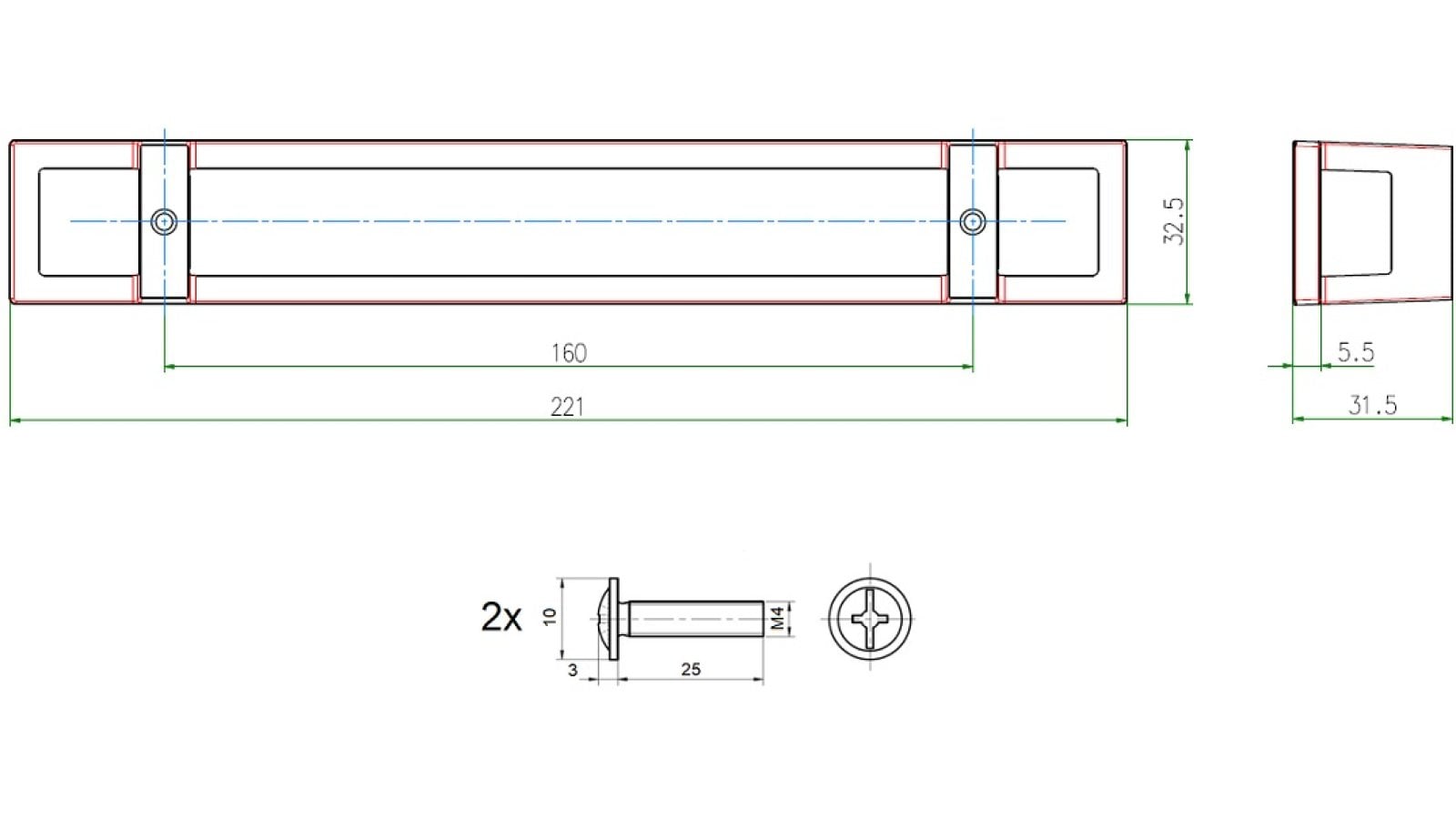 Griff Florstadt Metall - Schwarz matt Pulverbeschichtung - 221 mm lang  vor weißem Hintergrund