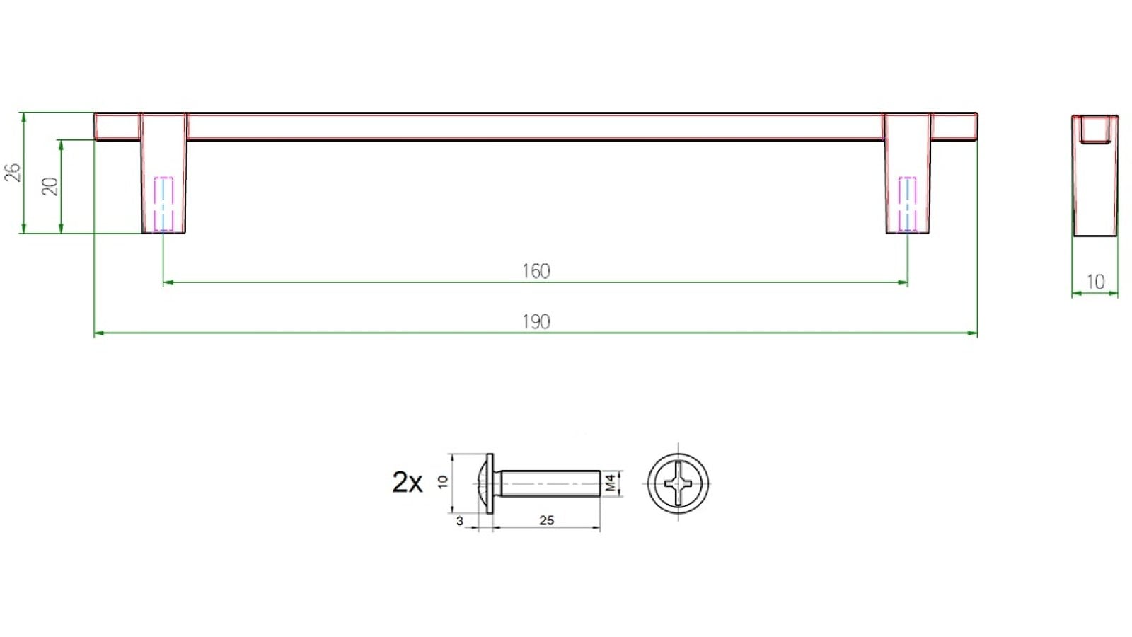 Griff Kappeln Metall - Schwarz Struktur Pulverbeschichtung - 190 mm lang  vor weißem Hintergrund