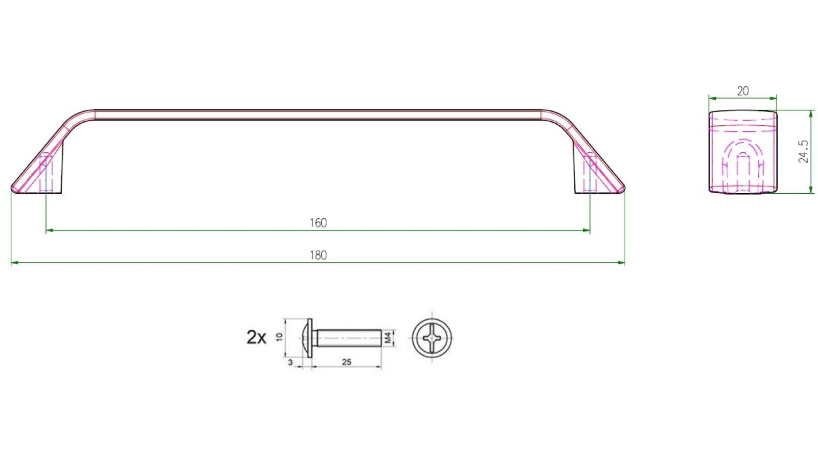 Griff Timmendorfer Strand Metall - Schwarz matt Pulverbeschichtung - 181 mm lang  vor weißem Hintergrund