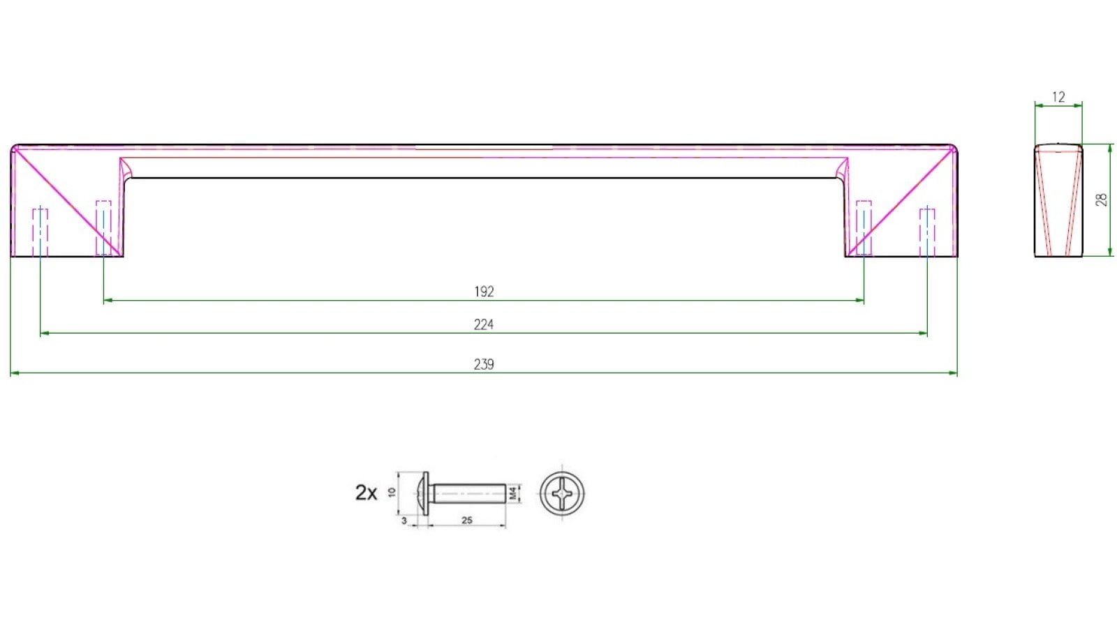 Griff Vettweiß Metall - Weiß seidenmatt Pulverbeschichtung - 239 mm lang  vor weißem Hintergrund