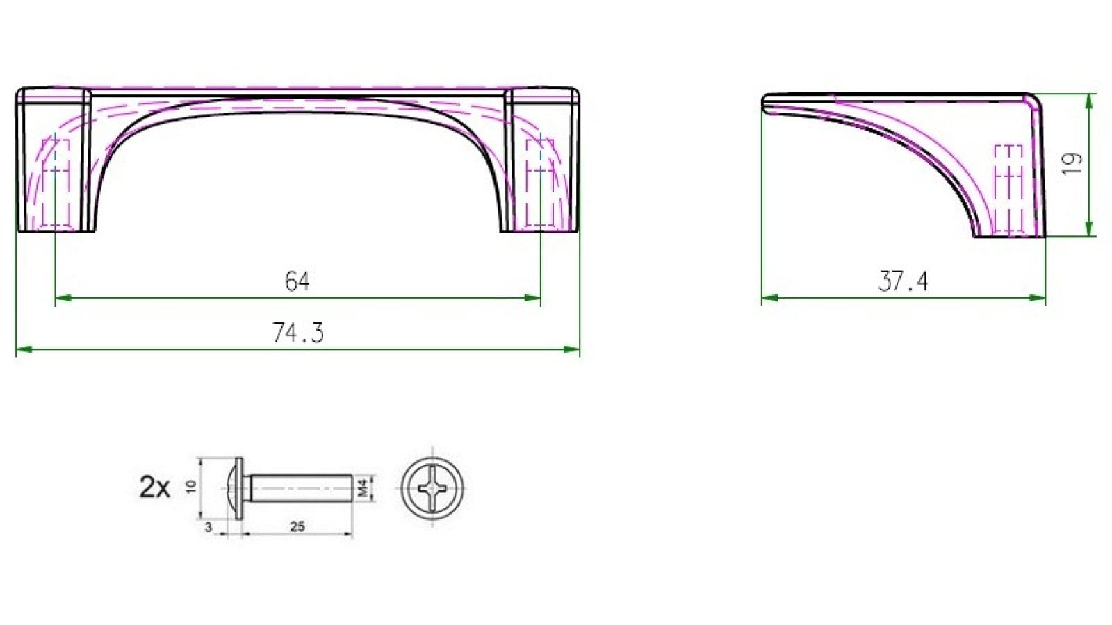 Griff Weilmünsterarktflecken Metall - verchromt, matt galvanisiert - 74 mm lang  vor weißem Hintergrund