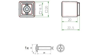 Knopf Kabelsketal Metall - Chrom glänzend galvanisiert - 20 mm lang  vor weißem Hintergrund