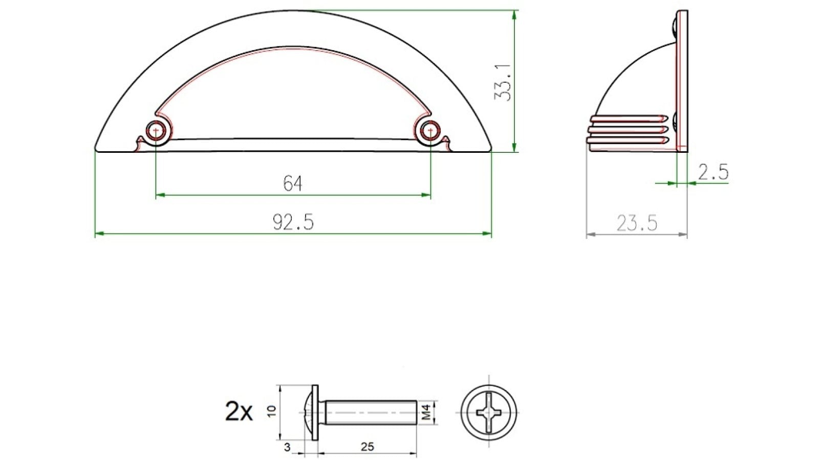 Muschelgriff Tecklenburg Metall - patiniertes Messing - 93 mm lang  vor weißem Hintergrund