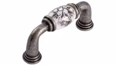 Griff Rosbach Zamak Porzellan antik silber weiß Blumen schwarz weiß - 81 mm lang  vor weißem Hintergrund