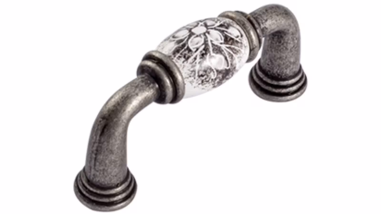 Griff Rosbach Zamak Porzellan antik silber weiß Blumen schwarz weiß - 81 mm lang  vor weißem Hintergrund