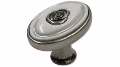 Knopf Brakel Druckguss - Kunststoff altsilberfarbig weiß silber glänzend - 32 mm lang vor weißem Hintergrund