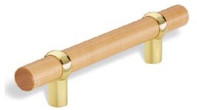 Stangengriff Montabur Holz - Druckguss ahorn natur lackiert glänzend vermessingt - 206 mm lang vor weißem Hintergrund