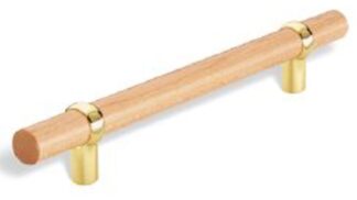 Stangengriff Montabur Holz - ahorn natur lackiert, Zinkdruckguß - glänzend vermessingt - 282 mm lang vor weißem Hintergrund