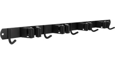 Gerätehalter Freystadt Edelstahl - Kunststoff - Gummi Schwarz matt - 480 mm lang vor weißem Hintergrund