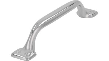 Griff Kamen Druckguss chrom glänzend - 128 mm lang vor weißem Hintergrund