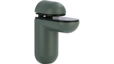 Regalbodenträger Kißlegg Druckguss - Kunststoff Steingrün/Schwarz - 92 mm lang vor weißem Hintergrund